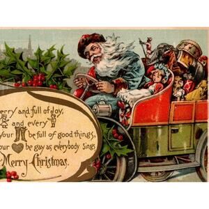 Christmas Postcard Santa Claus Blue Robe Drives Jalopy Auto Car Metropolitan 790